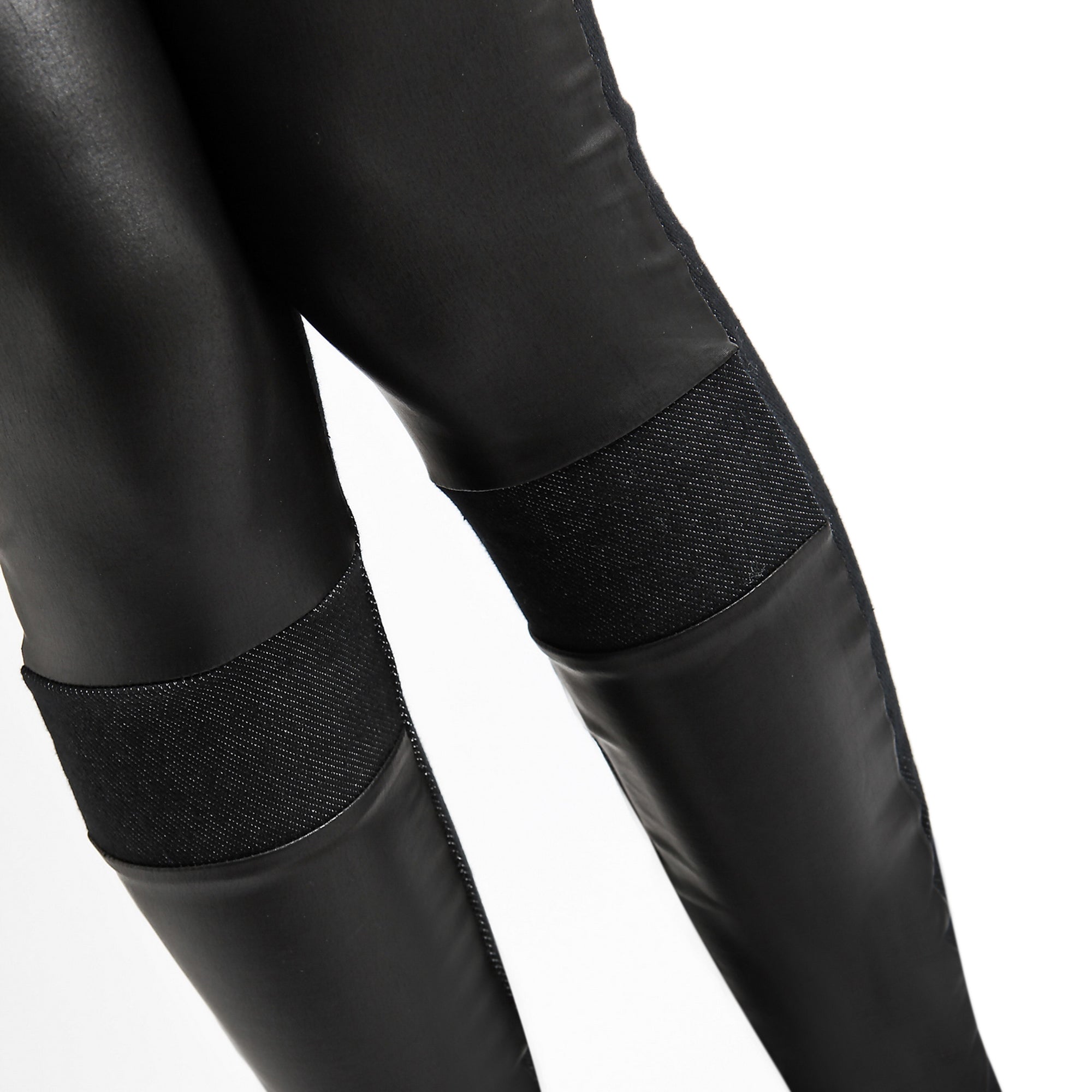 Rubberfashion Glanz Leggings Damen - sexy glänzende Leggins 80er Jahre mit Wetlook Einsätzen für Frauen